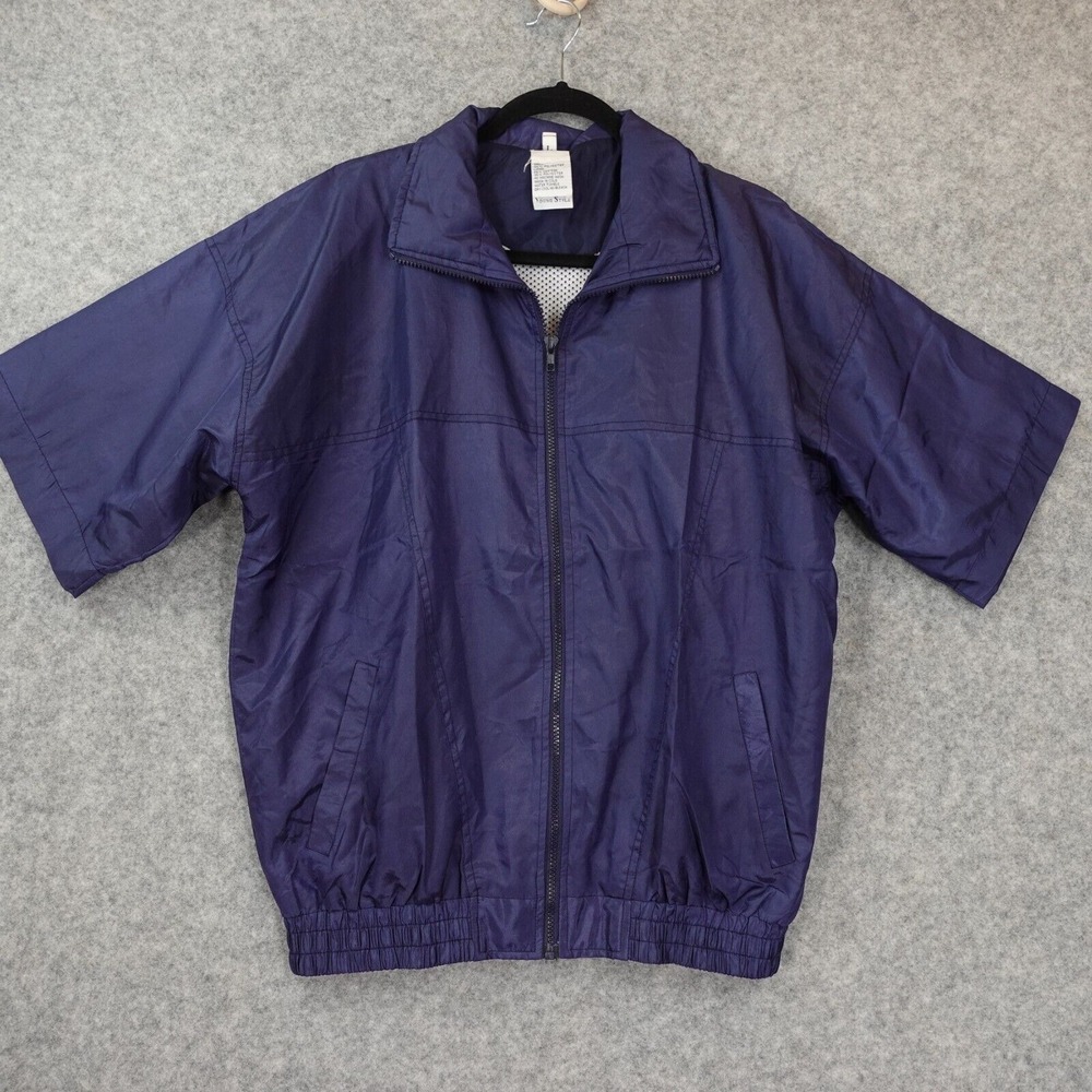 Packable Wind Jacket Mens L Blue Full Zip Short Sleeve Loose Vintage YOUNG STYLE